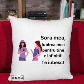 Cadou pentru Sora - Perna Personalizata Sora Mea Te Iubesc Doua Fete cu Telefoane, 40x40 cm, Alb Pufos, Husa Detasabila, Perna Inclusa, BEKZ®