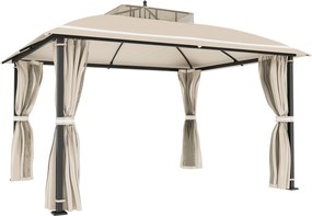 Outsunny Pavilion pentru Exterior cu Baldachin, Acoperiș Dublu, Plasă și Draperii, 370x303x290 cm, Bej | Aosom Romania