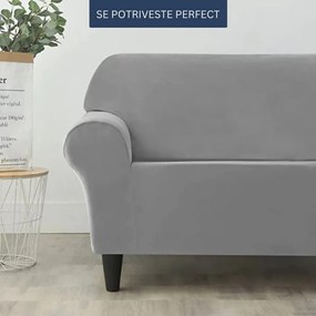 Set huse elastice din catifea pentru canapea 3 locuri + 2 fotolii, cu brate, gri deschis, HCCJS-09
