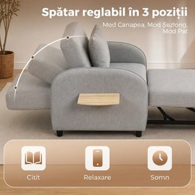 HOMCOM Fotoliu Extensibil 3 în 1 cu Spătar Reglabil, Tapițat din In și Lemn, 78x88x82 cm, Gri | Aosom Romania