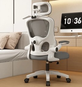 RESIGILAT- Scaun ergonomic cu suport lombar dinamic, tetieră 4D, cotiere rabatabile, Alb/Gri