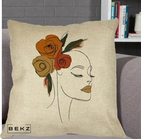 Perna Decorativa Portret Feminin Trandafiri Ruginii, 40x40 cm, Crem, Husa Detasabila, Perna Inclusa, BEKZ®