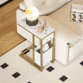 HOMCOM Masă auxiliară în formă de C cu stație de încărcare, buzunar de depozitare din material textil cu aspect marmură, 46 x 25 x 62,5 cm, alb | Aosom Romania
