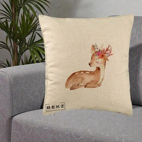 Perna Decorativa Caprioara cu Flori in Coama, 40x40 cm, Bej, Husa Detasabila, Perna Inclusa, BEKZ®