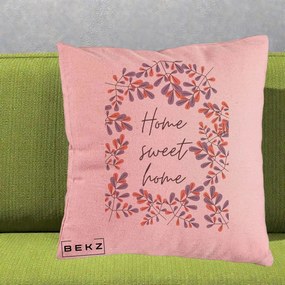 Perna Decorativa Home Sweet Home Frunze Colorate, 40x40 cm, Roz, Husa Detasabila, Perna Inclusa, BEKZ®