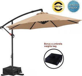 Umbrelă suspendată de grădină, cu braț lateral și manivelă, impermeabilă, protecție UV, bază în cruce inclusă + BONUS sac greutate (weights bag inclus), Kaki