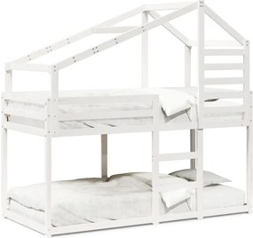 vidaXL Pat supraetajat cu acoperiș, alb, 90x200 cm, lemn masiv de pin