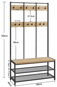 Perete de hol metalic STAGE 184 cm, negru/stejar sonoma