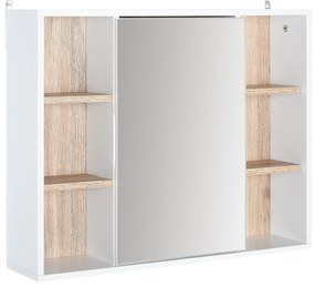 HOMCOM Dulap cu Oglinda din MDF si PAL, Dulap de Baie cu 3 Rafturi Laterale si Raft Interior Reglabil, 60x14.5x49.4 cm, Alb si Lemn Natur | Aosom RO