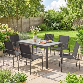Outsunny Set de Prânz pentru Exterior, 7 Piese pentru 6 Persoane, Masă cu Efect de Lemn și Scaune cu Șezut Respirabil, Set Mobilier de Grădină cu Cadru din Oțel Galvanizat, Negru | Aosom Romania