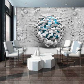 Fototapet - 3D mingea albastră și peretele alb din cărămizi (254x184 cm), în 8 de alte dimensiuni noi