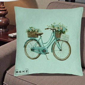 Perna Decorativa Bicicleta Teal cu Cosuri Duble de Flori Vintage, 40x40 cm, Verde Menta, Husa Detasabila, Perna Inclusa, BEKZ®