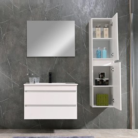 Mobilier de baie Cube 80 cm cu lavoar ceramic (2 sertare) și oglindă 60x80 cm vopsit în alb lucios