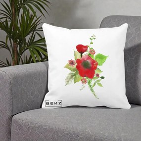 Perna Decorativa Buchet Rosu Acuarela, 40x40 cm, Alba Mata, Husa Detasabila, Perna Inclusa, BEKZ®