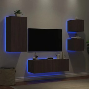 vidaXL Comode TV de perete cu lumini LED, 4 piese, stejar maro