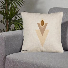 Perna Decorativa Boho Sun cu Triunghiuri Bej si Oval Solar, 40x40 cm, Bej Canapea, Husa Detasabila, Perna Inclusa, BEKZ®