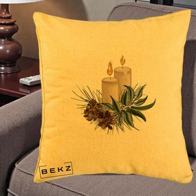 Perna Decorativa Lumanari cu Ilex si Conuri Ilustratie, 40x40 cm, Galben, Husa Detasabila, Perna Inclusa, BEKZ®