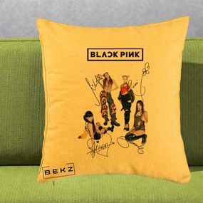 Perna Personalizata K-pop BLACKPINK Fotografie Grup Autografe Toate Membre, 40x40 cm, Galben, Husa Detasabila, Perna Inclusa, BEKZ®