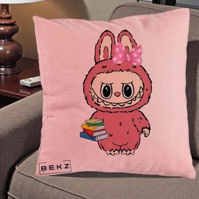 Perna Personalizata Labubu Roz cu Funda si Carti, 40x40 cm, Roz, Husa Detasabila, Perna Inclusa, BEKZ®