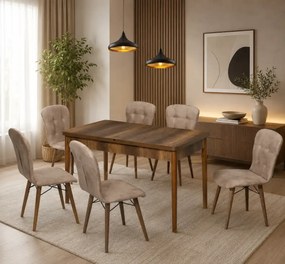 Set masa extensibila cu 6 scaune tapitate Homs cristal nuc-maro 170 x 80 cm