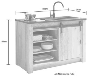 Comodă bucătărie ~Hayak~ maro-negru, cu aspect de lemn, uși tip hambar, 133 cm lățime