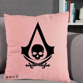 Perna Personalizata Assassin's Creed Black Flag Skull, 40x40 cm, Roz, Husa Detasabila, Perna Inclusa, BEKZ®