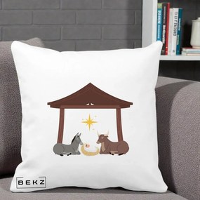 Perna Decorativa Ieslea din Betleem cu Iesle Asin si Bou, 40x40 cm, Alba Mata, Husa Detasabila, Perna Inclusa, BEKZ®