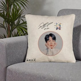 Perna Personalizata K-pop BTS Jin Portret cu Autograf, 40x40 cm, Bej Canapea, Husa Detasabila, Perna Inclusa, BEKZ®