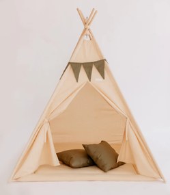Set Cort de joaca, Beige teepee, 110x110x160 cm, salteluta, ghirlanda, 2 pernite si kit fixare