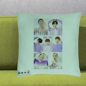 Perna Personalizata K-pop BTS Colaj 7 Portrete cu Inimi Lila, 40x40 cm, Verde Menta, Husa Detasabila, Perna Inclusa, BEKZ®