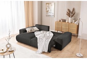 Colțar gri închis extensibil, cu spațiu de depozitare, cu tapițerie din catifea reiată (cu colț pe partea stângă) Sarina – Ropez