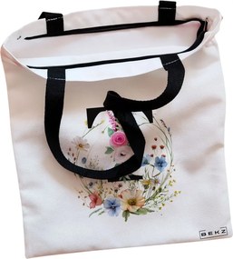 Sacosa de Panza pentru Cumparaturi, Geanta Tote, Cu litera T in Coronita Florala, Cu fermoar, 38x34.5 cm, Alba, BEKZ®