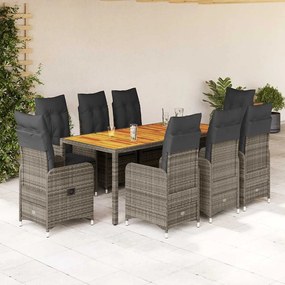 vidaXL Set bistro de grădină cu perne, 9 piese, gri, poliratan