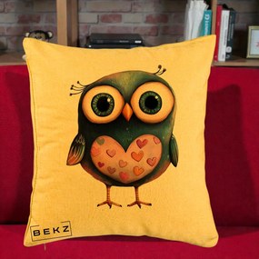 Perna Decorativa Bufnita cu Inimioare Roz, 40x40 cm, Galben, Husa Detasabila, Perna Inclusa, BEKZ®