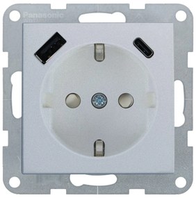 Priza simpla cu impamantare, protectie copii, USB A+C, 16A, IP20, Argintiu, Panasonic Karre Plus 55