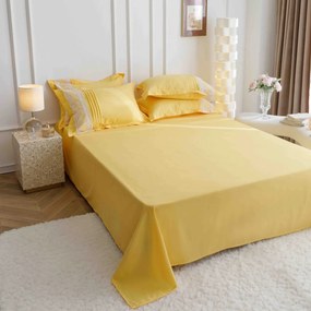 Lenjerie pat dublu, Inimi Brodate, 6 Piese, Finet Premium - Galben