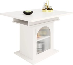 Masă de dining extensibilă cu 3 rafturi și uși din sticlă, 110-140x80x76 cm, Alb