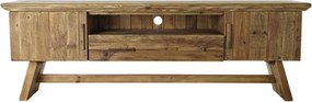 Comodă TV living din lemn reciclat, natur, cu 2 uși, 1 sertar, nișă deschisă și picioare oblice cu traversă, 60 x 180 x 45 cm, „Auburn”