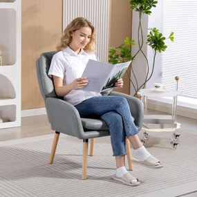 Scaun Decorativ Modern HOMCOM, Fotoliu Tapitat cu Leathaire cu Dublu Strat de Umplutură, Cadru de Oțel și Picioare de Lemn de Cauciuc pentru Sufragerie, Dormitor, Gri | Aosom Romania