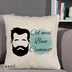 Cadou pentru Cumnat - Perna Personalizata Cel mai Bun Cumnat cu Portret Barbat si Pete Teal, 40x40 cm, Bej Canapea, Husa Detasabila, Perna Inclusa, BEKZ®