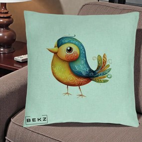 Perna Decorativa Pasare Folk Art Portocalie-Teal, 40x40 cm, Verde Menta, Husa Detasabila, Perna Inclusa, BEKZ®