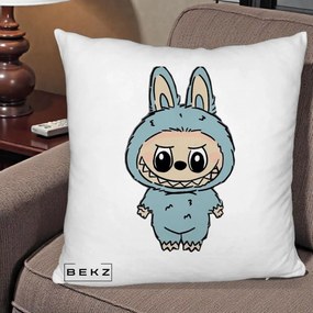 Perna Personalizata Labubu Albastru-Gri Solo, 40x40 cm, Alb Pufos, Husa Detasabila, Perna Inclusa, BEKZ®