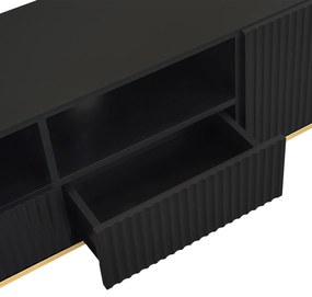 Mobilier TV Modern Modern cu Detalii Aurii, Două Rafturi și Două Sertare, din Lemn de Înaltă Calitate, 165x36x55 cm, Negru