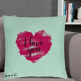 Cadou Romantic - Perna Personalizata I Love You Inima Roz, 40x40 cm, Verde Menta, Husa Detasabila, Perna Inclusa, BEKZ®