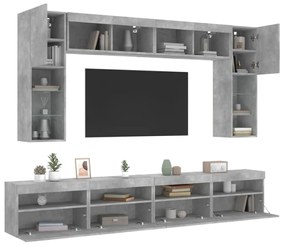 Set comode TV de perete cu lumini LED, 8 piese, gri beton