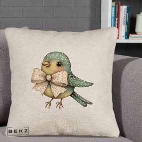 Perna Decorativa Pasare Teal cu Fundita cu Buline, 40x40 cm, Bej Canapea, Husa Detasabila, Perna Inclusa, BEKZ®