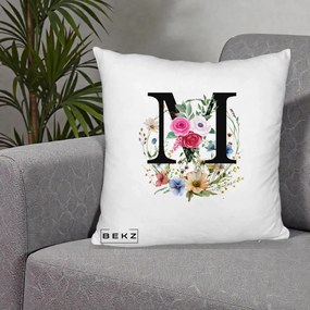 Cadou Personalizat - Perna Personalizata Monogram Litera M cu Flori Acuarela, 40x40 cm, Alb Pufos, Husa Detasabila, Perna Inclusa, BEKZ®