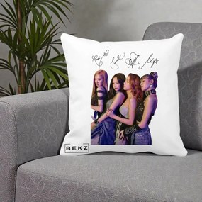 Perna Personalizata K-pop BLACKPINK Fotografie Grup Autografe Deasupra, 40x40 cm, Alba Mata, Husa Detasabila, Perna Inclusa, BEKZ®