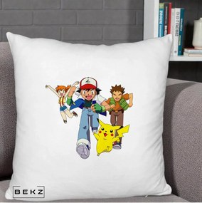 Perna Personalizata Pokemon Ash Misty Brock si Pikachu, 40x40 cm, Alb Pufos, Husa Detasabila, Perna Inclusa, BEKZ®