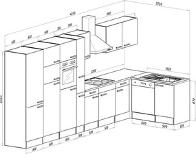 Mobilă de bucătărie de colț Yorki 430, corp din stejar Yorki, față alb satinat, frigider cu congelator superior